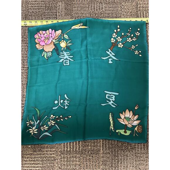 Green Floral Silk Square Scarf Womens Embroidered Nature Satin 100% Silk Spring - Picture 4 of 4